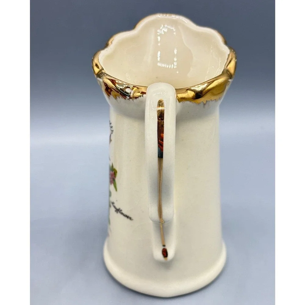Vtg Massachusetts Souvenir Mini Pitcher Chickadee Mayflower Gold Rim Creamer 5in